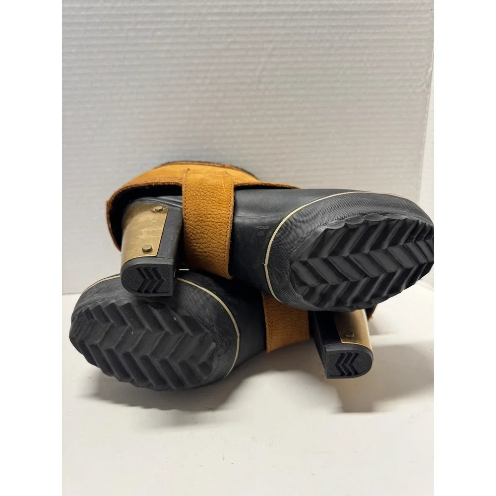 Sorel Medina III Rain Boots Black Tan Gold Heel Ankle Booties‎ Womens 6.5